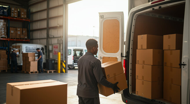 Man, boxes and van with loading, delivery and shipping for transportation. African person, packing and moving with logistics, distribution and cargo for business - Powered by Adobe