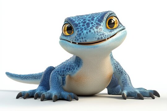 a cartoon blue lizard stands on a white background