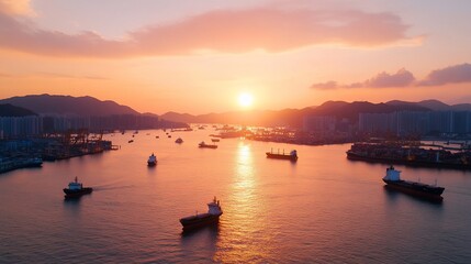 Sunset over a busy harbor with ships and mountains.