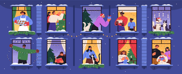 Neighborhood and Xmas set. Happy neighbors in window frames celebrate winter holidays, decorate home and Christmas tree, have fun. Neighbours indoors at New Year. Flat isolated vector illustrations
