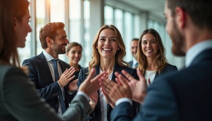 businesswoman smiles warmly as colleagues applaud her success in a bright, modern office, showcasing teamwork, professional recognition, and leadership celebration