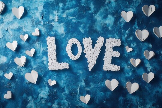 A heartfelt message of love surrounded by paper hearts on a textured blue background