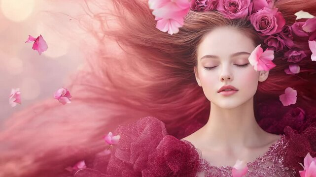 Studio portrait of attractive young woman with long brown hair and flower rose petals flying around her on a pink background Model with healthy, close up. Cosmetology, beauty and spa