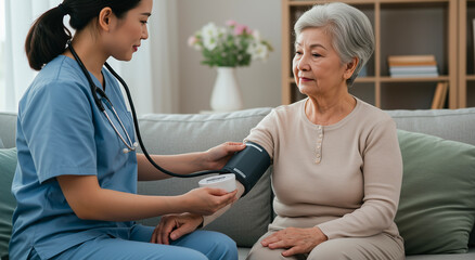 Obraz premium Nurse, blood pressure and senior woman in home for healthcare, checkup and medical assistance as caregiver with patient