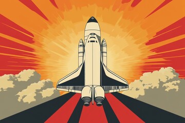 Obraz premium Sleek Stylized Rocket Launching Against a Vibrant Sunset Sky with Dynamic Curves and Raw Energy in Vector Art Style for Modern Graphic Design Projects