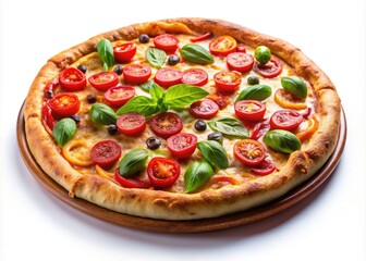 Close-up image: delicious gourmet pizza, white backdrop.  Ideal for recipe websites and food photography projects.