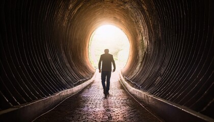 person stepping from a dark tunnel into bright light, representing personal growth, healing, and new beginnings.