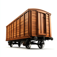 Vintage wooden train cargo wagon on wheels, detailed wood texture, isolated on white background.
