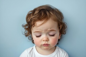 Soft Blue Background Portrait of a Pouting Toddler with Watery Eyes and Warm Lighting, Capturing Emotion and Innocence in a Gentle Style
