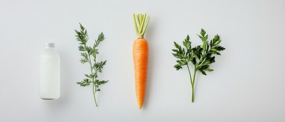 fresh carrot, carrot tops, and milk on a white surface