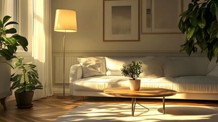 Fototapeta premium Sunlit Living Room: Modern Interior Design with Plants