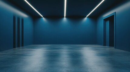 Fototapeta premium Abstract Blue Room Interior Design: Minimalist Modern Architecture with Neon Lights and Concrete Floor