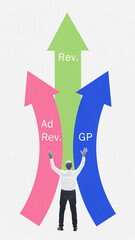 Cotemporary art collage. Revenue streams. Arrows pointing upward representing various income sources, such as sales, ads, and partnerships. Concept of finance and economy, business accounting. Ad