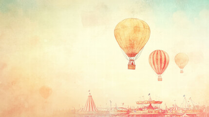 Obraz premium Aesthetic watercolor vintage card with hot air balloons floating in the sky, retro concept. Generative AI