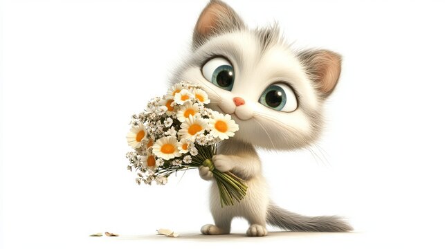 Adorable burmilla cat character holding a bouquet, cute single object in di-cut png style, isolated on white background
