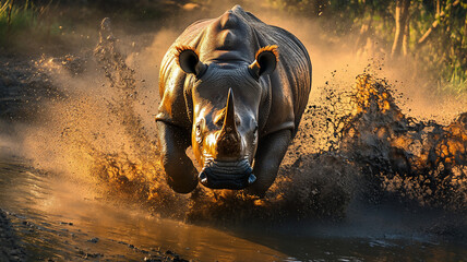 running rhino during sunrise in a mudpool with a birds eye view 
