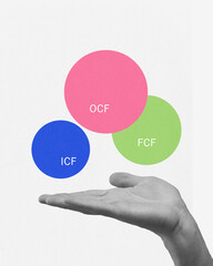Cotemporary art collage. Carts on hand showcasing operating, investing, and financing cash flows critical for business liquidity and sustainability. Concept of economy, business accounting, analysis.