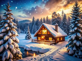 Fototapeta premium Cozy cabin nestled in a snowy wonderland, a high-resolution winter scene.