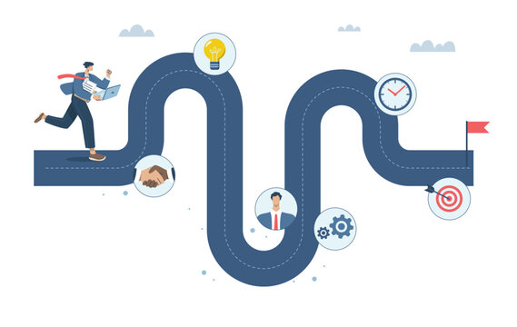 Businessman project manager running work on project timeline, Project planning, Timeline, Progress in business, Roadmap, Key route map with action plans, Timeline to success, Vector illustration.