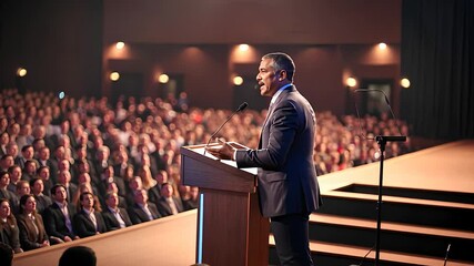 Speaker Delivering a Keynote Address to a Large Audience in a Modern Conference Hall

