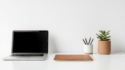 Fototapeta premium Single Perfectly Placed Succulent on Clean White Desk Surface