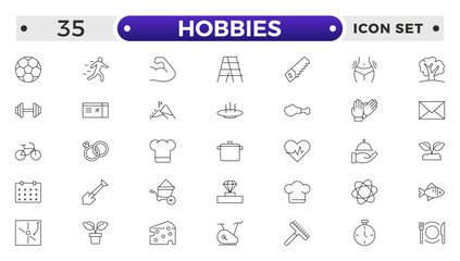 Hobbies icon set. Containing healthy lifestyle, diet, exercise, sleep, relationships, running, routine, self-care, culture and lifestyle icons. Healthcare, health, diet, healthy food, collection.