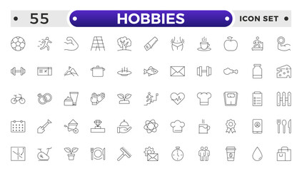 Hobbies icon set. Containing healthy lifestyle, diet, exercise, sleep, relationships, running, routine, self-care, culture and lifestyle icons. Healthcare, health, diet, healthy food, collection.