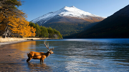 Majestic Deer in Autumnal Mountain Lake.