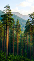 Majestic pine forest sunset, Carpathian mountains, nature background, travel poster.