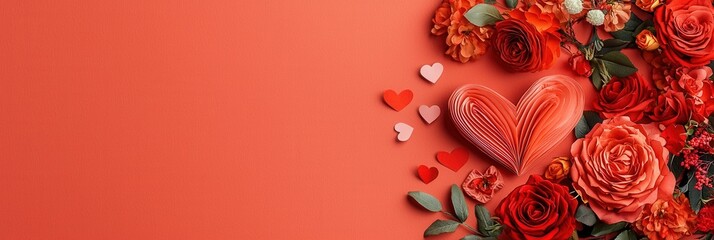A vibrant arrangement of red roses and heart shapes on a coral background, perfect for romantic occasions and celebrations of love.
