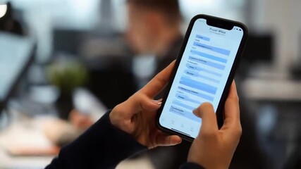 Mobile Productivity: Close-up shot of hands using a smartphone, showcasing the efficiency and convenience of mobile technology in a modern workspace.  