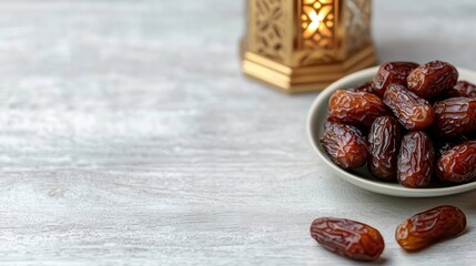 Obraz premium Plate of glossy dates with a golden lantern on a rustic white wooden table.