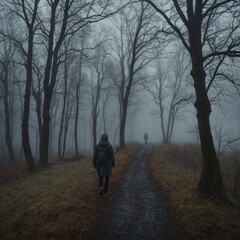 Fototapeta premium A figure walking on a foggy path. 