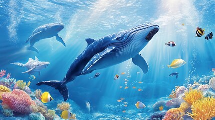 Fototapeta premium Immerse your child in the wonders of the ocean with this vibrant wallpaper. Featuring majestic whales frolicking in the azure waters, it transports them to a serene and captivating underwater world. 