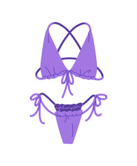 Trendy purple lingerie, bikini decorated with lace bows. Female violet swimwear set. Women's swimsuit with bra, panties. Underwear with panty, brassiere. Flat isolated vector illustration on white