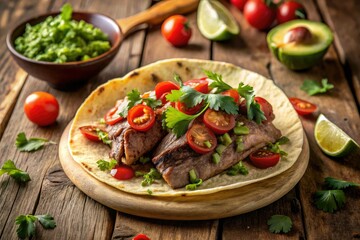 Drone shot:  A gourmet beef taco, perfectly garnished with guacamole, cilantro, and ripe tomato.