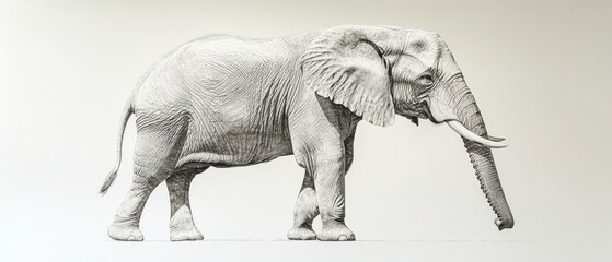 a monochrome drawing of an elephant standing on a white background