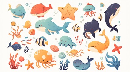 Fototapeta premium Adorable Cartoon Sea Life Animals on White Background for Creative Projects