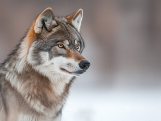 Obraz premium A Watchful Grey Wolf Stands Against a Pristine White Backdrop, Highlighting Its Sharp Awareness and Striking Characteristics.