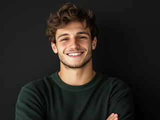 Fototapeta premium A Portrait of a Smiling Young Man with Crossed Arms, Radiating Positivity and Assurance.