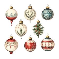 Eight Ornate Christmas Ornaments and a Pine Branch