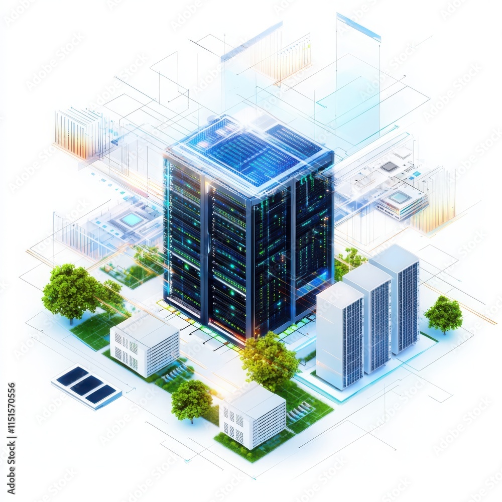 Poster high-tech data center design project overview digital environment technical drawing modern architect