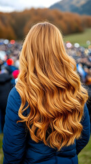 Woman's long curly hair, autumn festival background, outdoor event, hair care product ad.