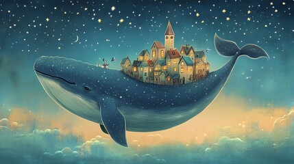 Fototapeta premium Immerse your little one in a whimsical world with this enchanting fantasy print. A colossal blue whale soars through a starry sky, carrying a quaint town on its back