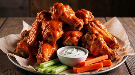 Close-up of delicious buffalo chicken wings served with celery sticks, carrots, and ranch dressing.