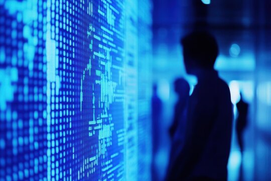 A man is standing in front of a blue screen with a lot of dots on it