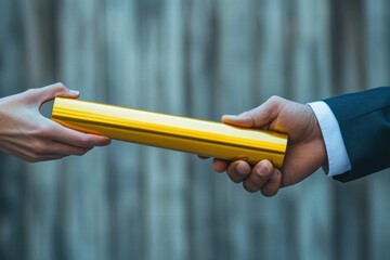 A man and woman are passing a gold baton to each other