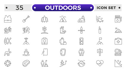 Outdoors outline icon set .The set includes a Camping, Hiking, Compass, Mountain, Fishing, Tourism, Carabiner, Climbing, Kayak, Map, Flashlight, Picnic, Bench, Bicycle, Recreation, Outdoor, Nature.