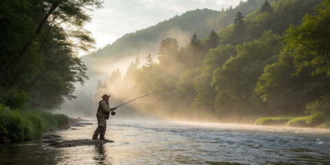 Man Fly-Fishing in a Misty Mountain River at Dawn, Scenic Nature Landscape with Soft Morning Light 
