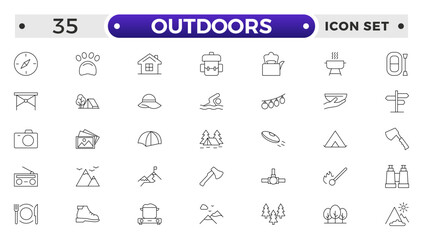 Outdoors outline icon set .The set includes a Camping, Hiking, Compass, Mountain, Fishing, Tourism, Carabiner, Climbing, Kayak, Map, Flashlight, Picnic, Bench, Bicycle, Recreation, Outdoor, Nature.